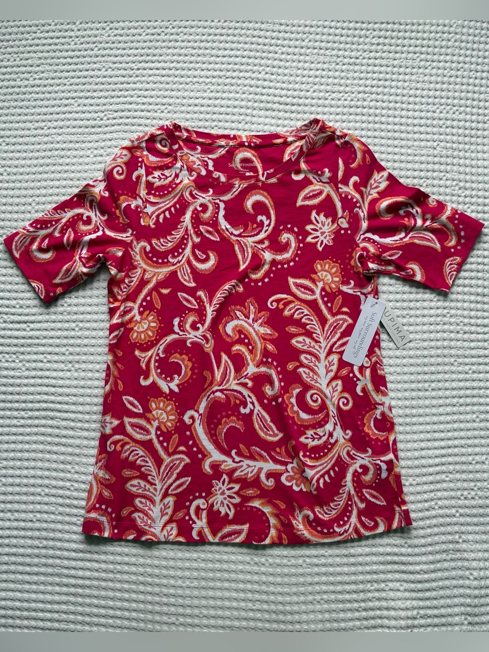 NWT Soft Surroundings Lucinda Supima Slub Tee Pink Leaf Ikat Stretchy - M